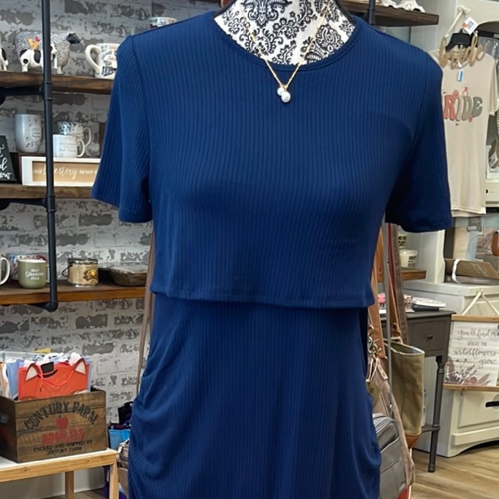 Chic Navy Blue Midi Maternity Dress